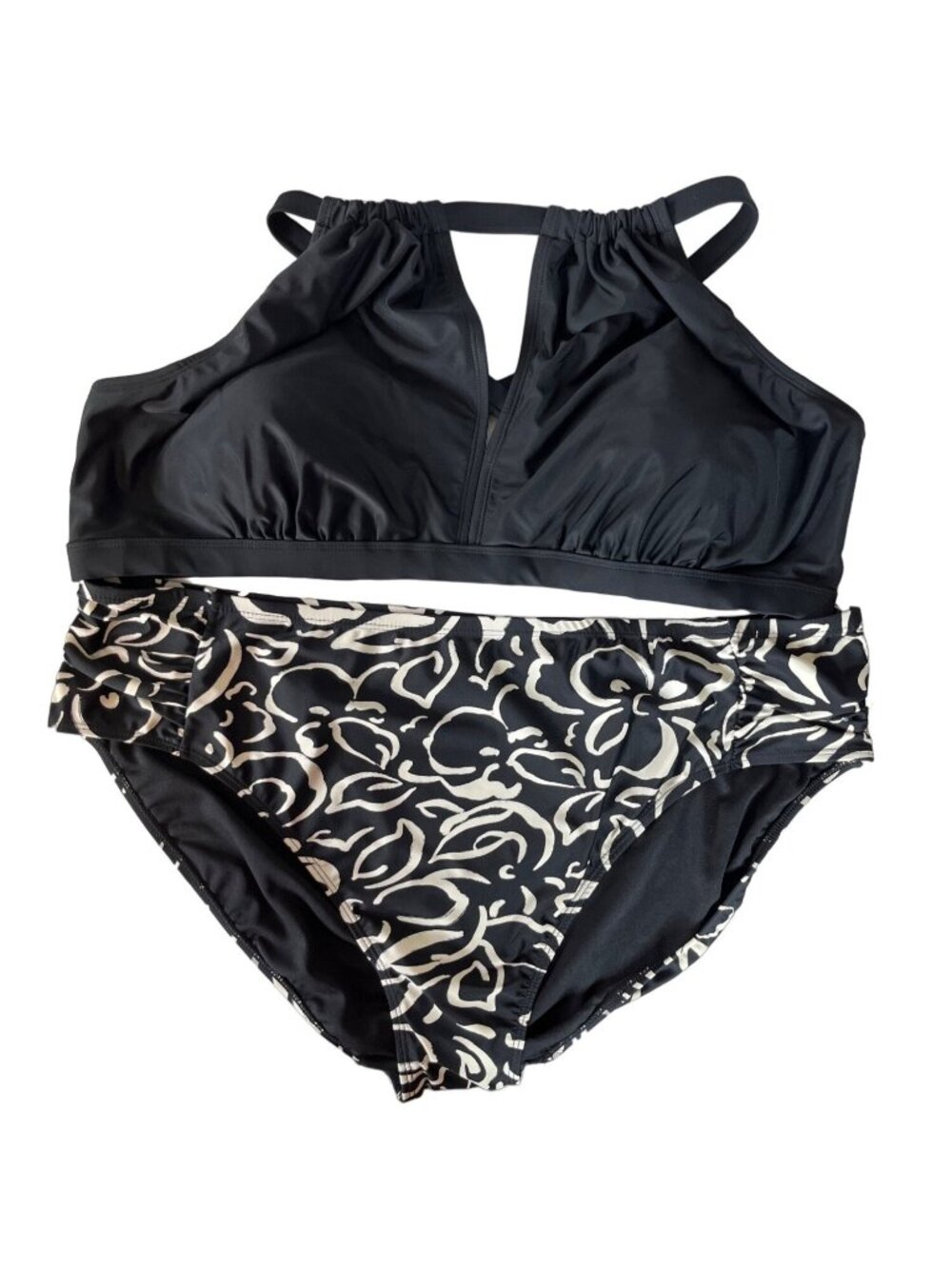 Time And Tru Two Piece Swim Suit Womens 3X Black White New Mid Rise Bikini